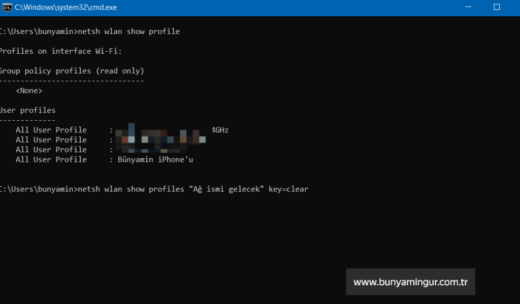 CMD KOMUT SİSTEMİ İLE BİLGİSAYARINIZIN BAĞLANDIĞI TÜM AĞLARIN ŞİFRESİNİ GÖREBİLİRSİNİZ CMD ile Wifi Öğrenme Tekrardan Merhaba Arkadaşlar. Hemen hemen her yerde kullandığımız bilgisayarımızı her yerde wifi'ye bağlıyoruz bazen dostumuzun bazen bir tanımadığımızın veya bir cafe'de. Yahut şöyle de değinebilirim konuya, bilgisayarınızı wifi ile internete bağladınız ve şifresini unuttunuz. modeme reset atamıyor ve panele giremiyorsunuz. aslında burada şifreyi bulmak için biraz ter döküyorsunuz. Tabiki bu şifreyi bulmanın başka yolları olduğunu bende biliyorum. burada amacım sadece bilgi vermek. Bağlandığınız ağların şifresini şu komut ile bulabilirisiniz netsh wlan show profiles "Ağ ismi gelecek" key=clear fakat şöyle bir durumda var. Bağlandığınız ağları doğal olarak bilmiyorsunuz. Bağlandığınız ağları öğrenmek için ise; netsh wlan show profile komutunu kullanabilirsiniz. Bu iki komutu sırasıyla uygularsanız Cihazınızın bağlandığı ağların wifi parolalarını öğrenebilirsiniz. Kafanıza takılan herhangi bir sorun olursa bunyaminguroffical@gmail.com adresinden iletişime geçebilirsiniz.